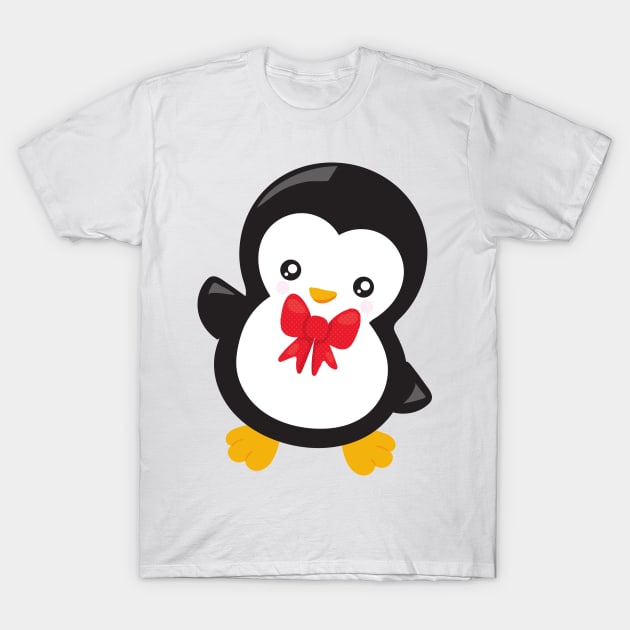 Christmas Penguin, Penguin With Bow Tie, Xmas T-Shirt by Jelena Dunčević